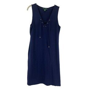 Lauren Ralph Lauren Sleeveless Dress Robe Lace Up V-Neck Knee Navy Womens Medium